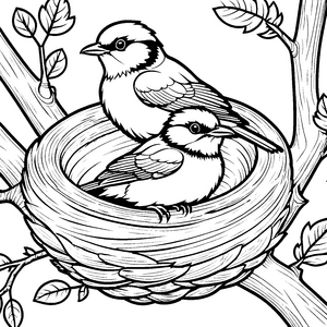 Bezaubernde Vögel im kuscheligen Nest Ausmalvorlage für kleine Naturliebhaber