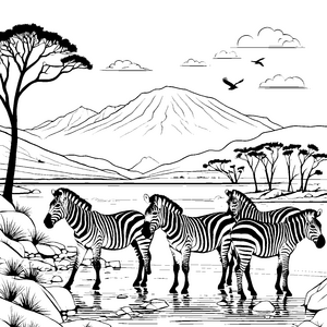 Bezaubernde Zebras am malerischen Wasserloch Ausmalbild für kleine Naturfreunde