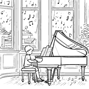 Bezauberndes Kind am eleganten Klavier Ausmalmotiv für fantasievolle Musikenthusiasten