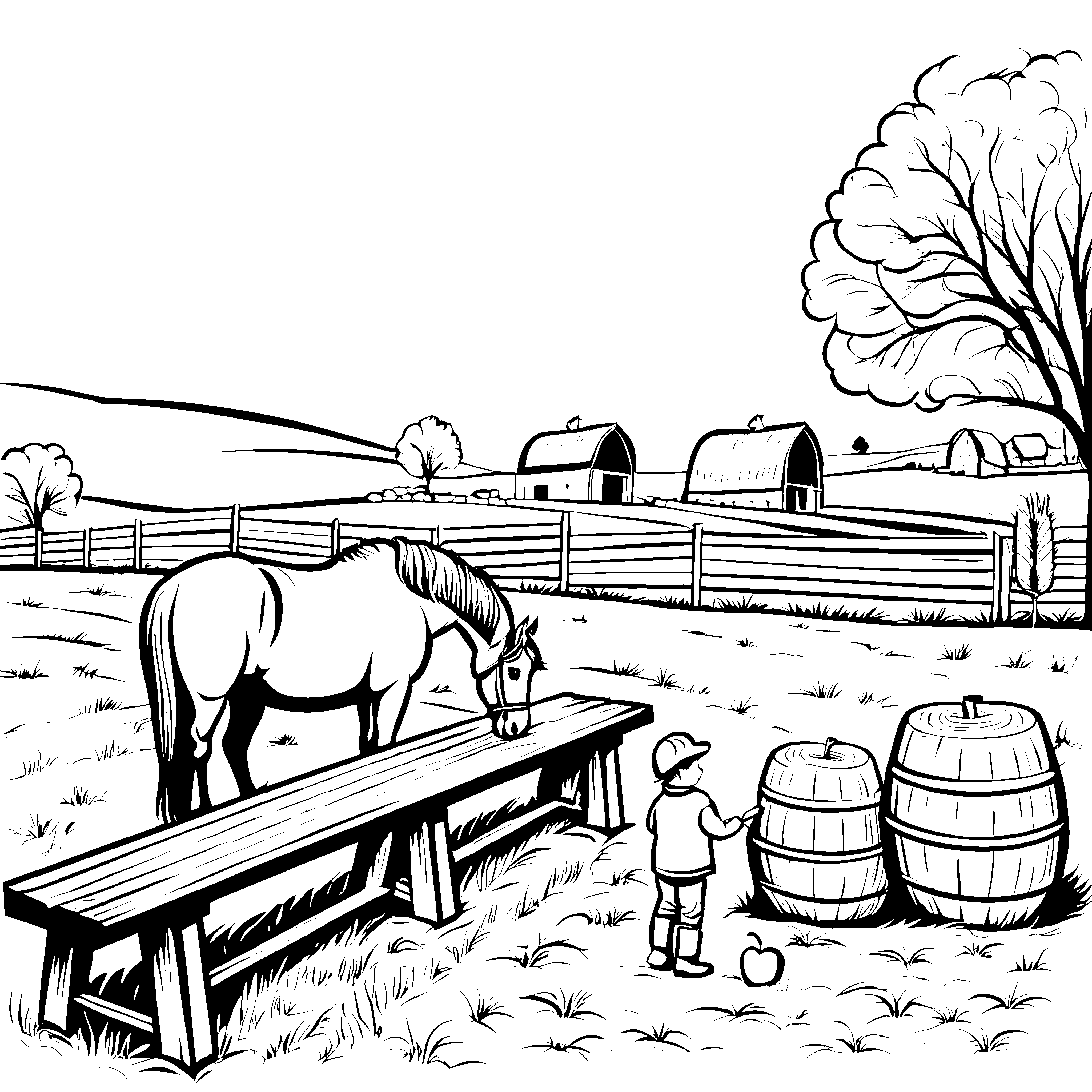 Neugieriges Pferd am Futterplatz Ausmalvorlage für kleine Tierfreunde