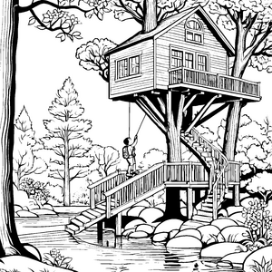Abenteuerliches Baumhaus im sonnigen Wald Malvorlage für junge Entdecker