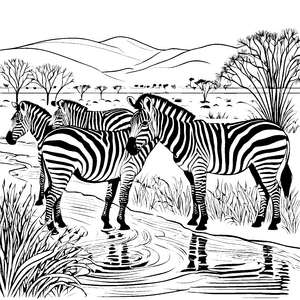 Bezaubernde Zebras am Flussufer Ausmalbild für junge Naturfreunde