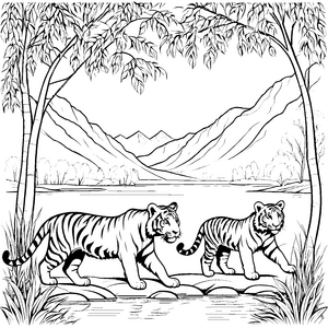 Verspielte Tigerbabys am glitzernden Wasser Malvorlage für neugierige Tierliebhaber