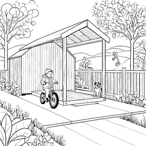 Faszinierender Carport mit fröhlichem Fahrradabenteuer Ausmalbild für kleine Entdecker
