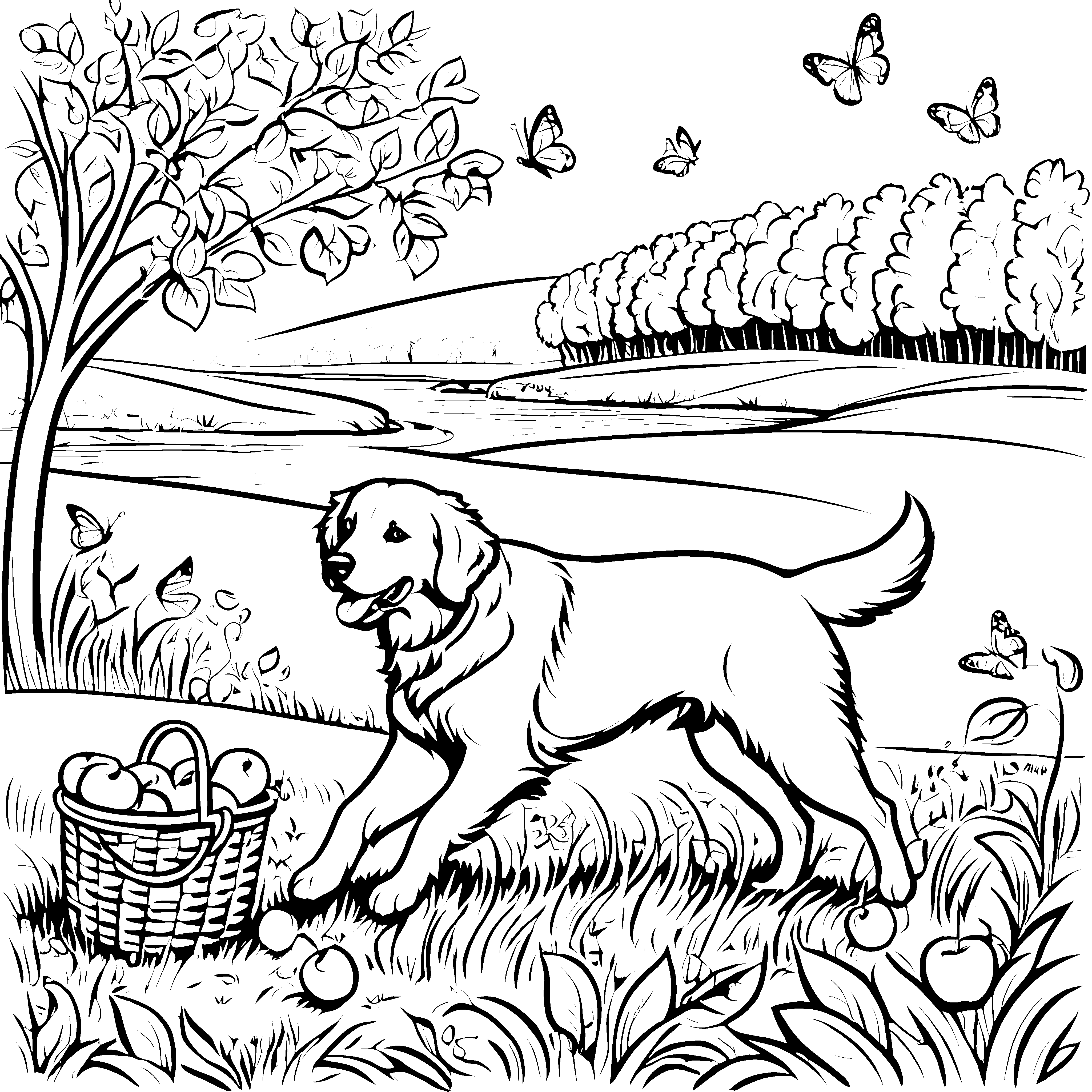Abenteuerlicher Golden Retriever mit fröhlichem Apfelkorb Ausmalbild für neugierige Tierentdecker