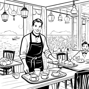 Freundlicher Kellner mit leckerem Frühstück Ausmalbild für zukünftige Restaurantprofis