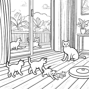 Kätzchen-Abenteuer im heimischen Wohnzimmer Ausmalbild für neugierige Tierfreunde