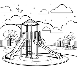 Abenteuerlicher Spielturm mit rasanter Rutsche Ausmalbild für kleine Entdecker