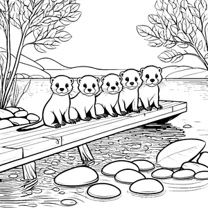 Fröhliche Otter-Babys auf dem Holzsteg Ausmalmotiv für kleine Naturforscher