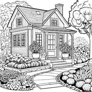 Wunderschönes Gartenhaus mit bunten Pflanzen Malvorlage für kleine Naturforscher