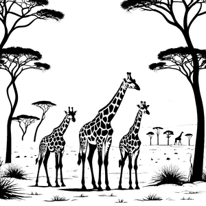 Stolze Giraffenfamilie unter schattenspendenden Bäumen Ausmalbild für kleine Tierliebhaber