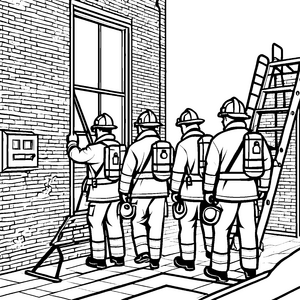 Mutige Feuerwehrleute beim rettenden Einsatz Ausmalbild für kleine Helden in Aktion