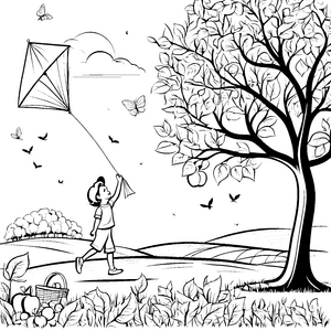 Fröhliches Kind mit Flugdrache unter blühendem Apfelbaum Ausmalbild für kreative Entdecker