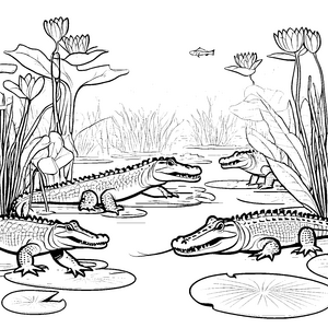Krokodile im geheimnisvollen Teichspiel Ausmalbild für mutige Naturabenteurer