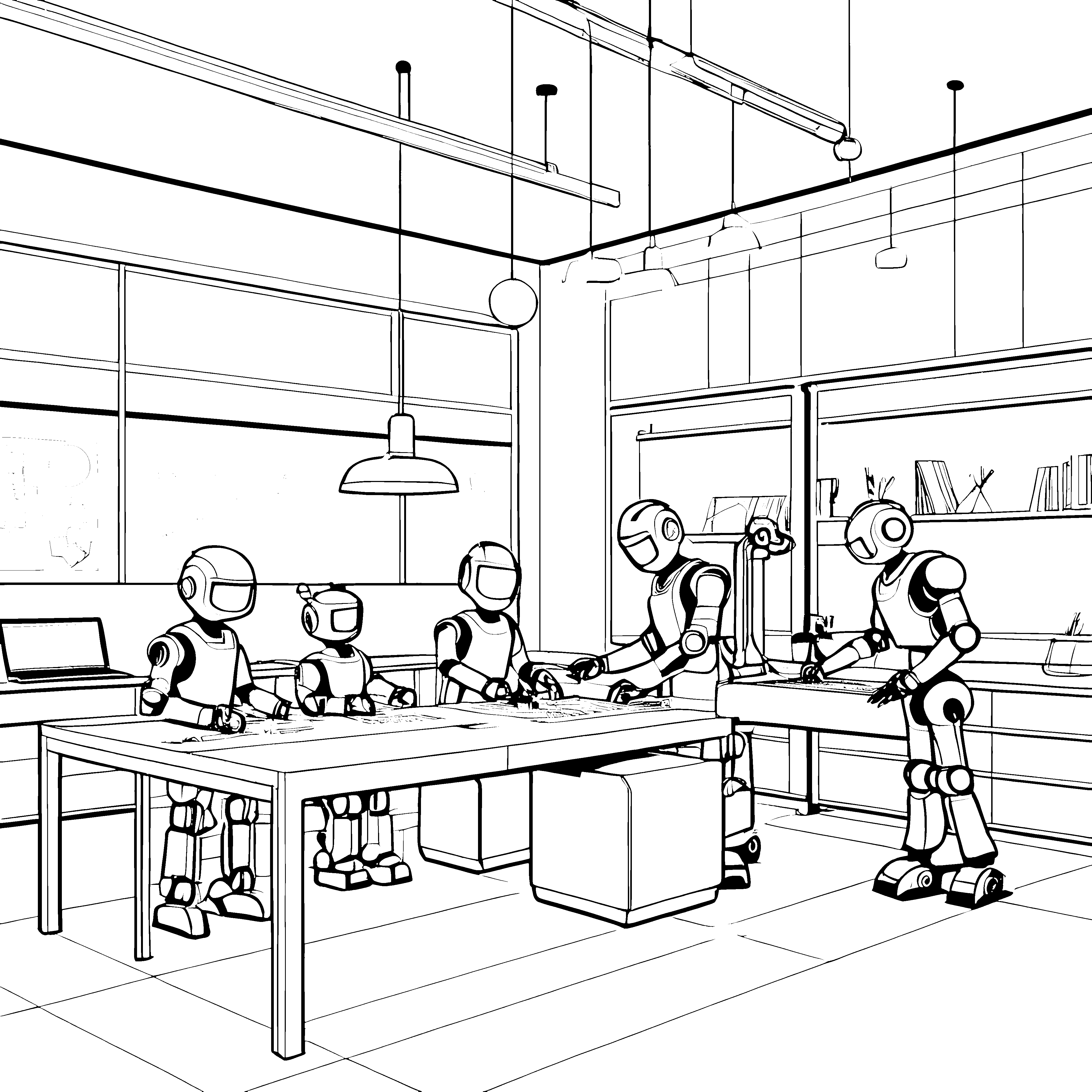 Kreative Roboter beim Basteln im Labor Ausmalbild für erfinderische Köpfe