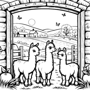Drei neugierige Lama-Jungtiere vor dem Tor Ausmalvorlage für kleine Naturforscher
