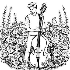 Melodischer Junge mit Kontrabass zwischen blühenden Rosen Malvorlage für kreative Musikliebhaber