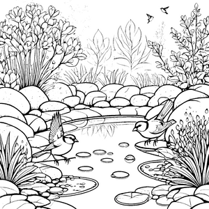 Fröhliche Vögel im glitzernden Pfützenspiegel Ausmalvorlage für neugierige Wasserliebhaber