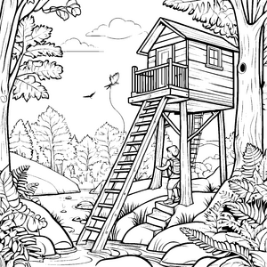 Abenteuerliches Baumhaus im Wald Malvorlage für kleine Entdecker