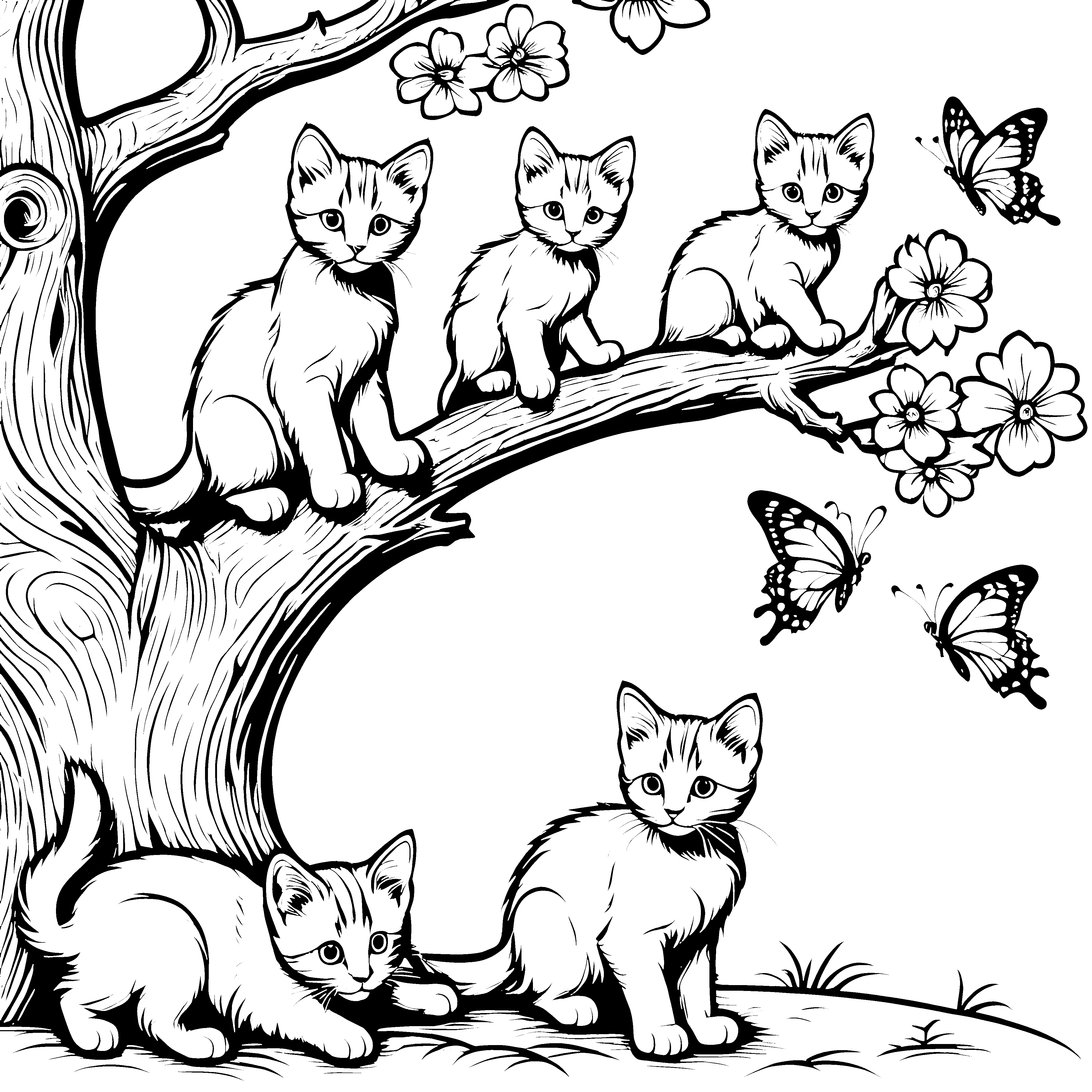 Verspielte Katzen erkunden den blühenden Baum Ausmalbild für neugierige Tierfreunde