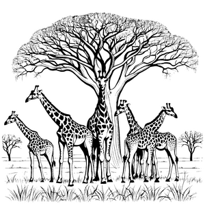 Fünf elegante Giraffen unter dem mächtigen Baum Ausmalbild für abenteuerlustige Tierfreunde