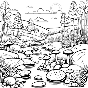 Steinpilze am glitzernden Bach Ausmalbild für abenteuerliche Naturfreunde