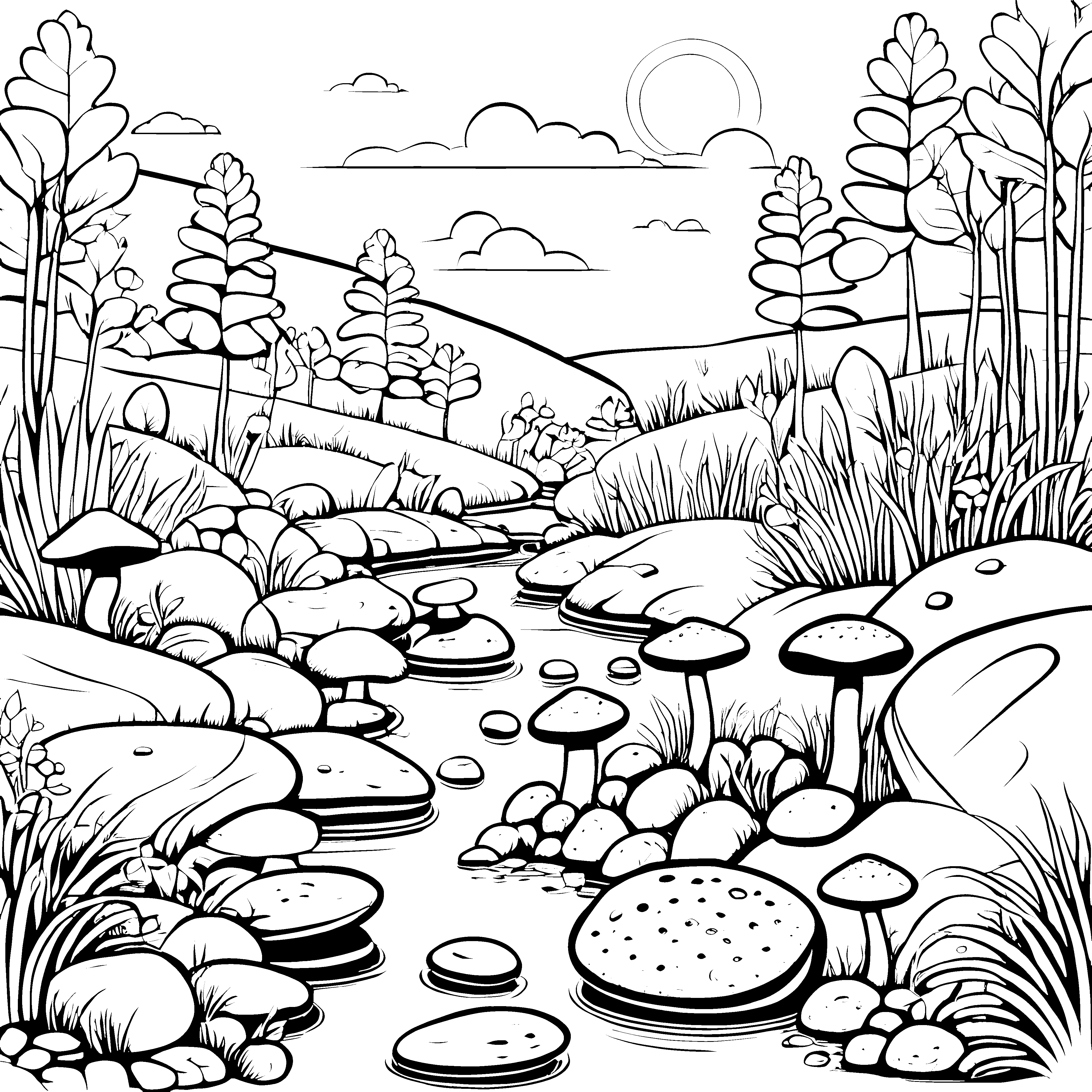 Steinpilze am glitzernden Bach Ausmalbild für abenteuerliche Naturfreunde