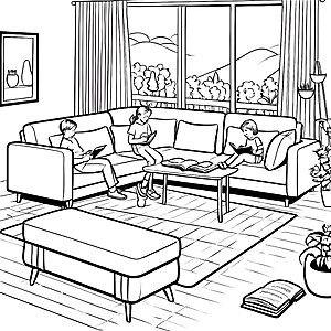Gemütliches Wohnzimmer mit einladendem Schlafsofa Ausmalbild für kreative Geschichtenerzähler