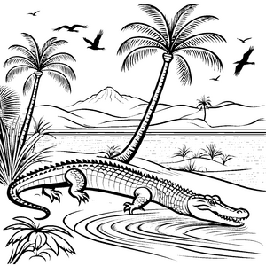 Abenteuerliches Krokodil unter Palmen am Ufer Ausmalvorlage für kleine Forscher
