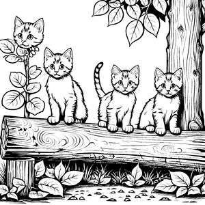 Kletternde Katzen auf rustikalem Baumstamm Ausmalmotiv für neugierige Tierfreunde