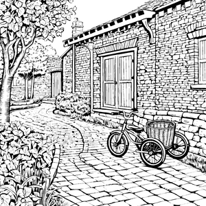 Lustiges Trike vor gemütlichem Garten Ausmalvorlage für kleine Radfahrer