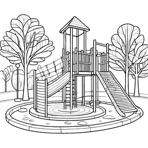 Kreativer Abenteuerspielplatz mit aufregenden Rutschen Ausmalbild für kleine Entdecker