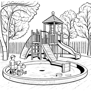 Verspielter Spielplatz mit freudigen Entdeckern Ausmalmotiv für abenteuerlustige Kinder