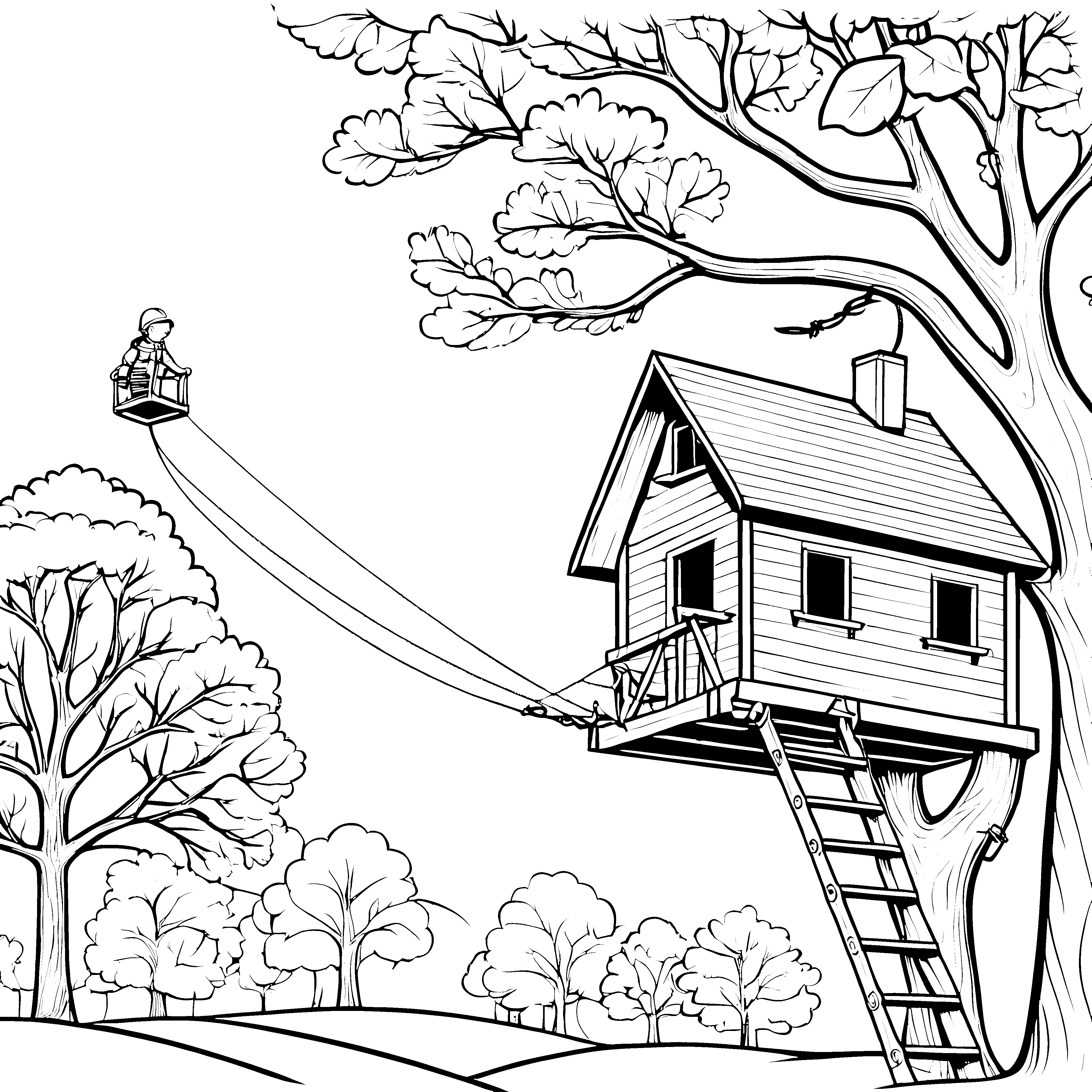Abenteuerliches Baumhaus mit Seilbahn Malvorlage für kleine Entdecker
