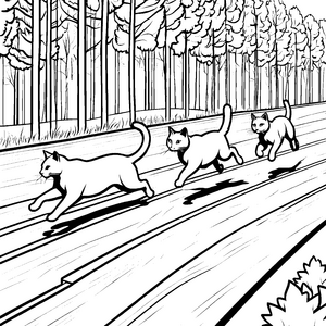 Flotte Katzen im spannenden Wettlauf Ausmalvorlage für schnelle Pfotenfreunde