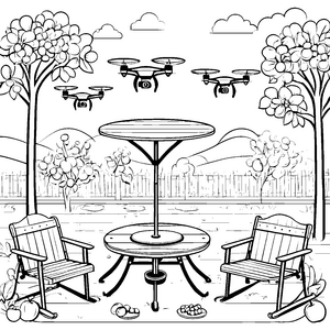 Fliegende Drohnen über dem prunkvollen Garten Malvorlage für kleine Entdecker