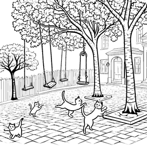 Springende Katzen im märchenhaften Garten Ausmalbild für neugierige Tierfreunde