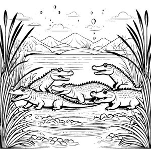 Krokodile beim fröhlichen Planschen Ausmalmotiv für kleine Wasserratten