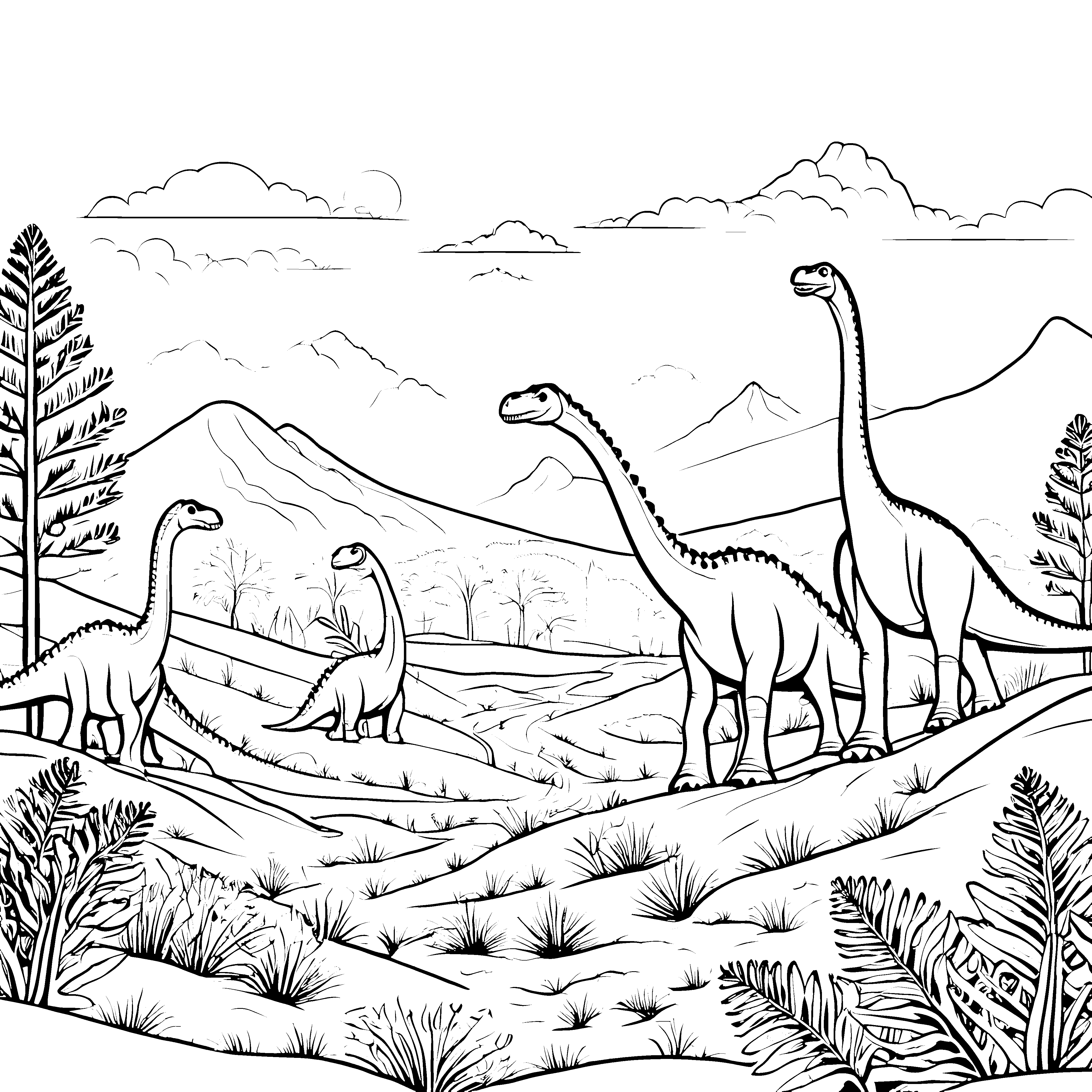 Begeisternder Diplodocus in derUrzeitlandschaft Ausmalvorlage für kreative Dino-Fans