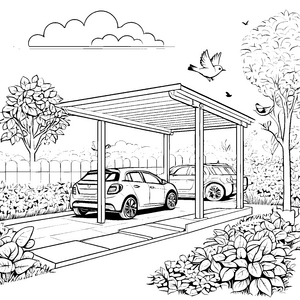 Schickes Carport unter strahlendem Himmel Malvorlage für kreative Fahrzeugefans