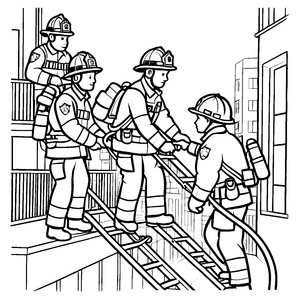 Mutige Feuerwehrleute im Einsatz auf der Leiter Ausmalbild für kleine Heldinnen und Helden