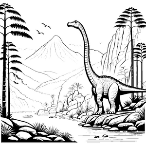 Faszinierender Diplodocus vor majestätischer Bergkulisse Ausmalbild für abenteuerlustige Entdecker