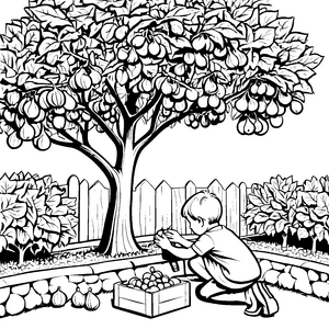 Maigrüne Feigen am fruchtigen Baum Ausmalvorlage für kleine Gartenabenteurer