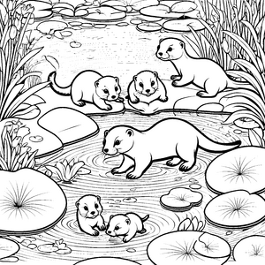 Selbstbewusste Otter-Babys bei der Wasserakrobatik Ausmalvorlage für kleine Wassersportler