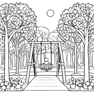 Orangenbaum-Allee mit schaukelndem Kind Ausmalmotiv für fröhliche Naturentdecker