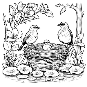 Liebliche Vögel im Nest mit bunten Blumen Ausmalbild für fröhliche Naturfreunde
