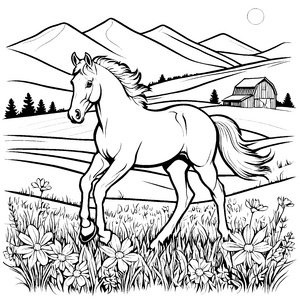 Freudestrahlendes Pferd in blühender Wiese Ausmalbild für kleine Naturforscher