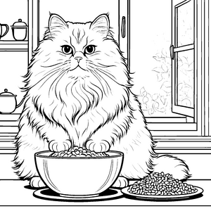 Fluffige Katze mit schmackhaftem Futter Ausmalvorlage für neugierige Tierliebhaber