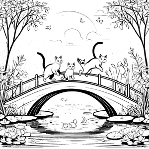 Spritzige Katzen auf der Brücke Ausmalbild für abenteuerliche Tierfreunde