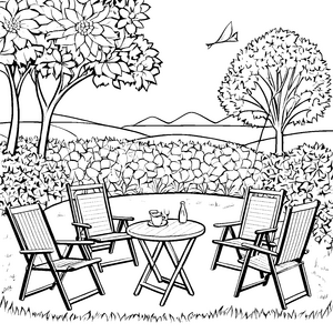 Gemütliche Klappstühle im Gartenparadies Ausmalbild für kreative Entdecker